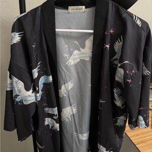Black Kimono Jacket with Crane Print